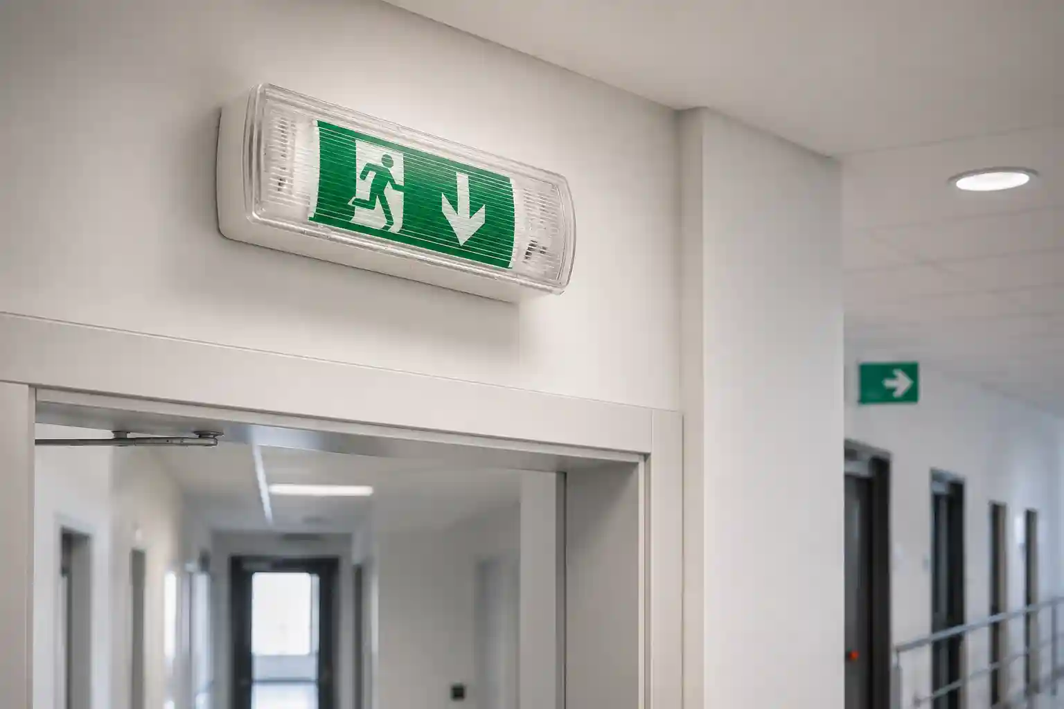 Detail indikační LED diody a testovacího spínače nouzového svítidla LEDER 2 TL507L-LED